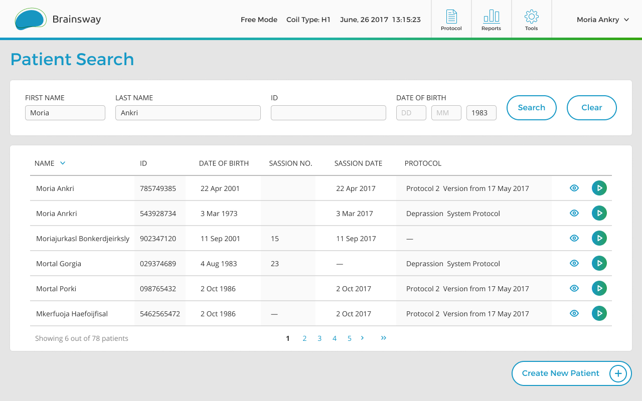 The Patient Search screen, with a search form and a results table listing patients by name, ID, date of birth, and session details.