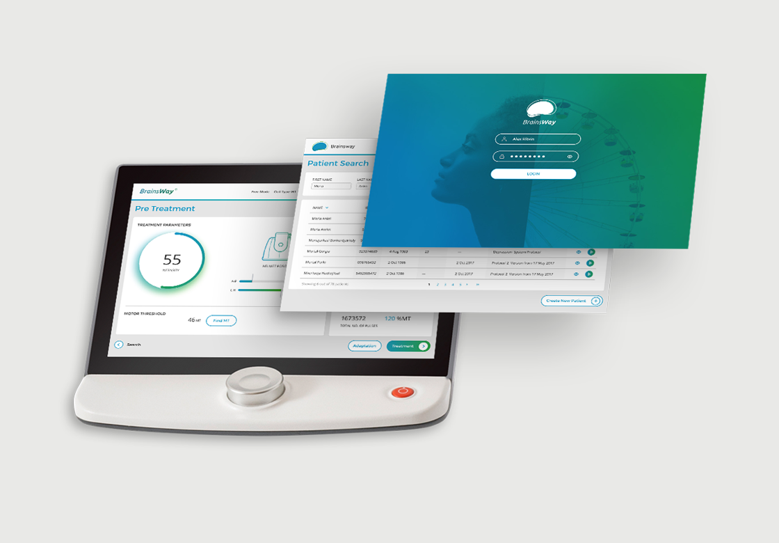 Three BrainsWay screens layered over the treatment tablet: the pre-treatment setup screen on the device, a patient search list, and the login screen with the BrainsWay logo.
