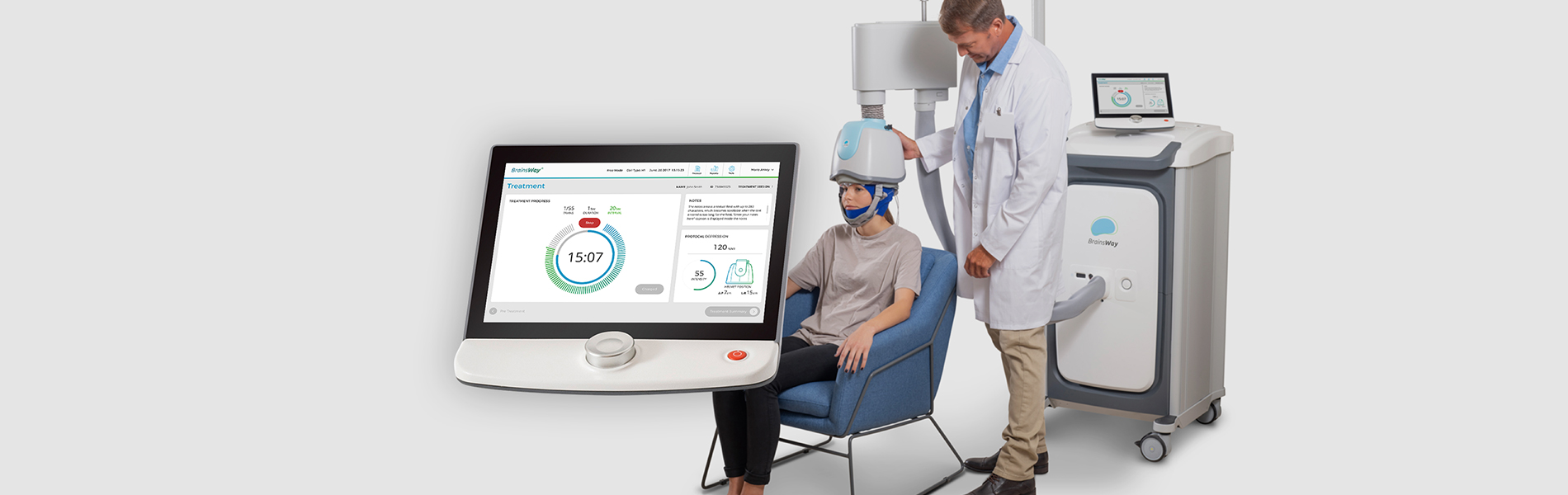 A BrainsWay treatment tablet displaying the Treatment screen, with a patient wearing the TMS coil helmet and a clinician standing beside the treatment device.