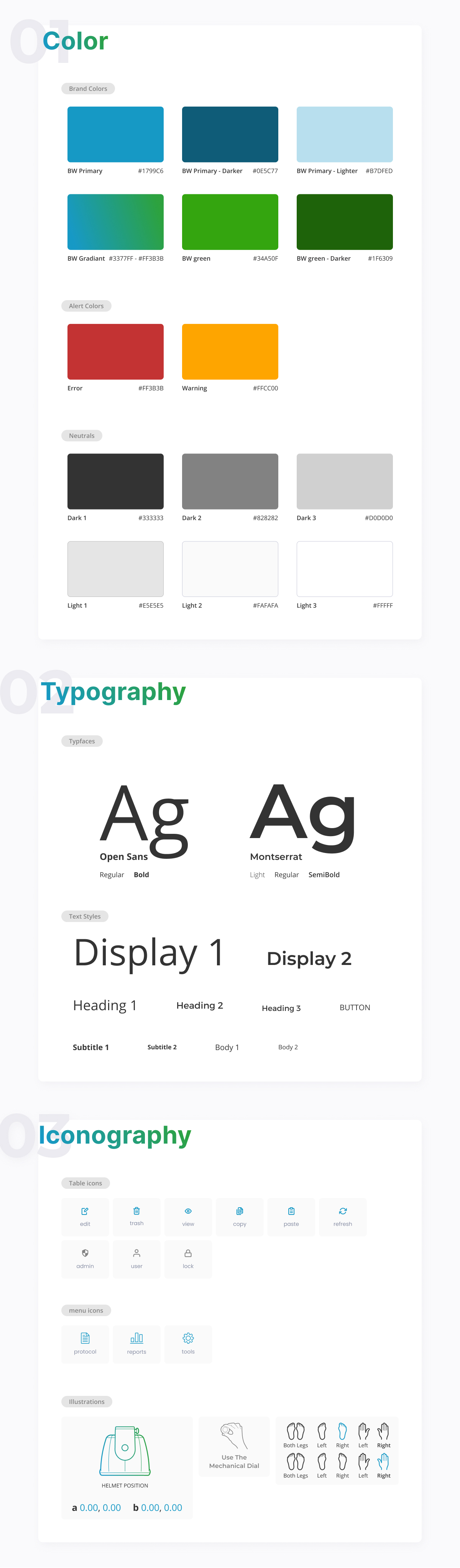 BrainsWay style guide reference sheet covering brand and neutral colors, the Open Sans and Montserrat typefaces and text styles, and iconography for tables, menus, and illustrations.