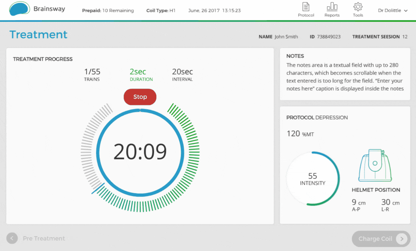 The Treatment screen mid-session, showing a countdown timer and progress ring, session notes, and the active protocol's intensity and helmet-position settings.