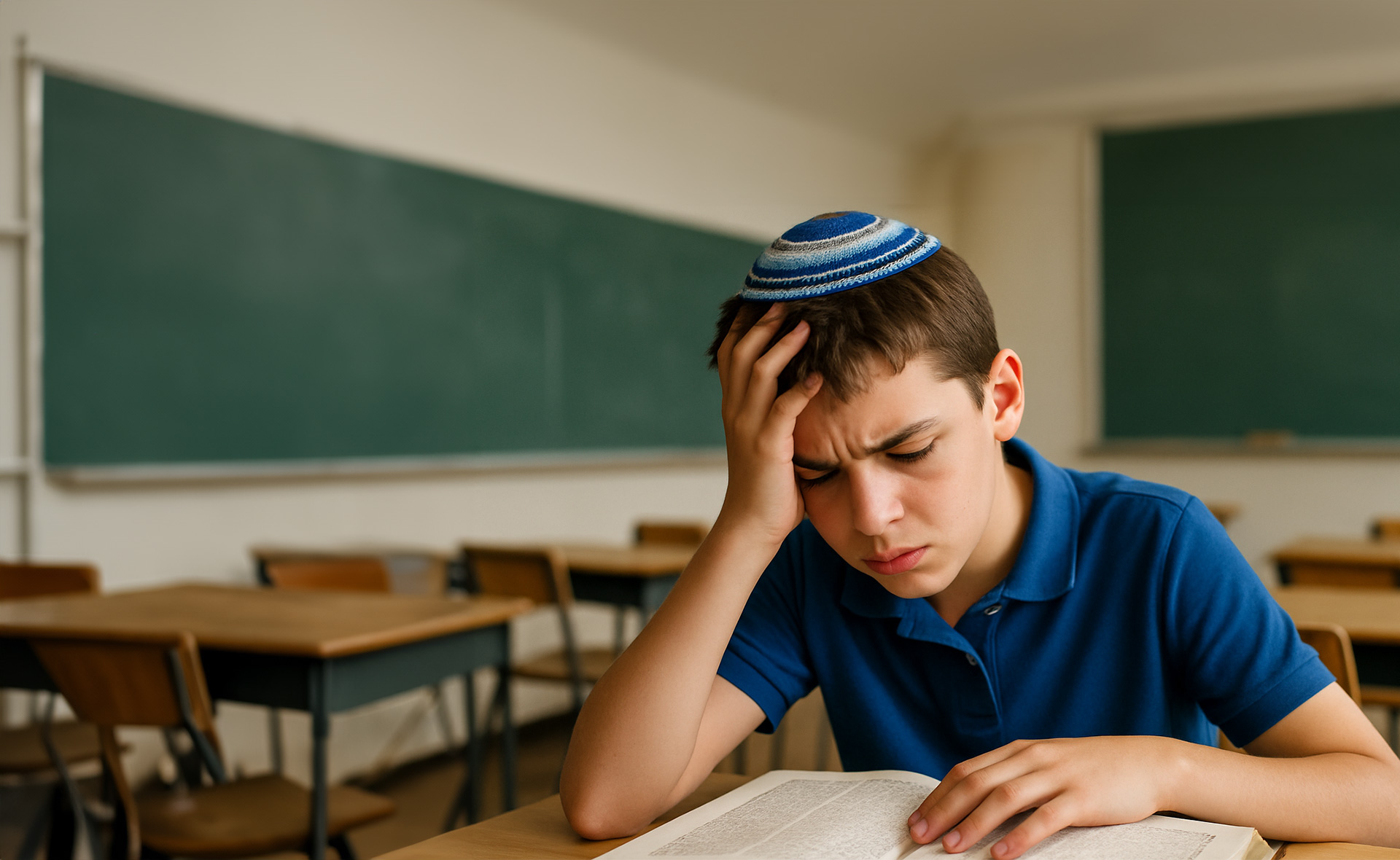 A frustrated student in a classroom, head in hand, struggling over an open book.