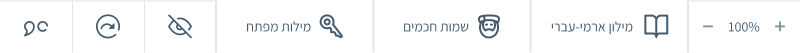 The redesigned bottom toolbar, showing icons for divide, redo, hide, keyword search, sages, Aramaic dictionary, and zoom controls, all in one row.